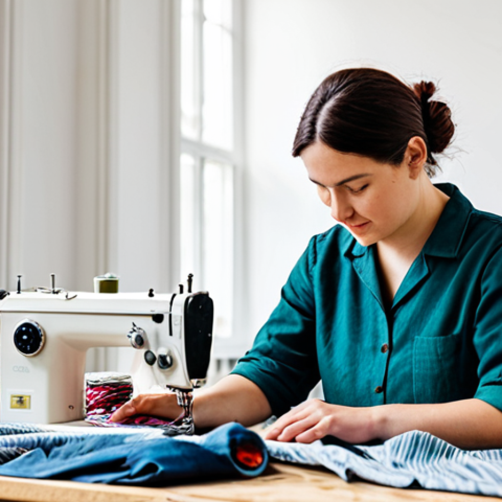 A focused female artisan in her early 30s, wearing practical, modest workshop attire, diligently working on an upcycled fashion piece. She is seated at a well-organized sewing table in a brightly lit studio, surrounded by bolts of colorful, repurposed fabrics and vintage clothing items. Her hands are carefully stitching together fabric pieces, showcasing well-formed hands and natural body proportions. The scene embodies creativity and sustainable craftsmanship. Perfect anatomy, correct proportions, natural pose, professional photography, high quality, safe for work, appropriate content, fully clothed, modest, family-friendly.
