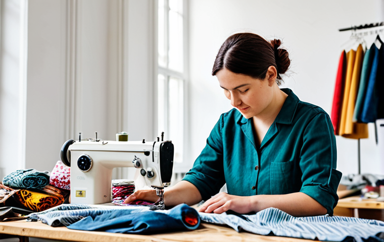 A focused female artisan in her early 30s, wearing practical, modest workshop attire, diligently working on an upcycled fashion piece. She is seated at a well-organized sewing table in a brightly lit studio, surrounded by bolts of colorful, repurposed fabrics and vintage clothing items. Her hands are carefully stitching together fabric pieces, showcasing well-formed hands and natural body proportions. The scene embodies creativity and sustainable craftsmanship. Perfect anatomy, correct proportions, natural pose, professional photography, high quality, safe for work, appropriate content, fully clothed, modest, family-friendly.