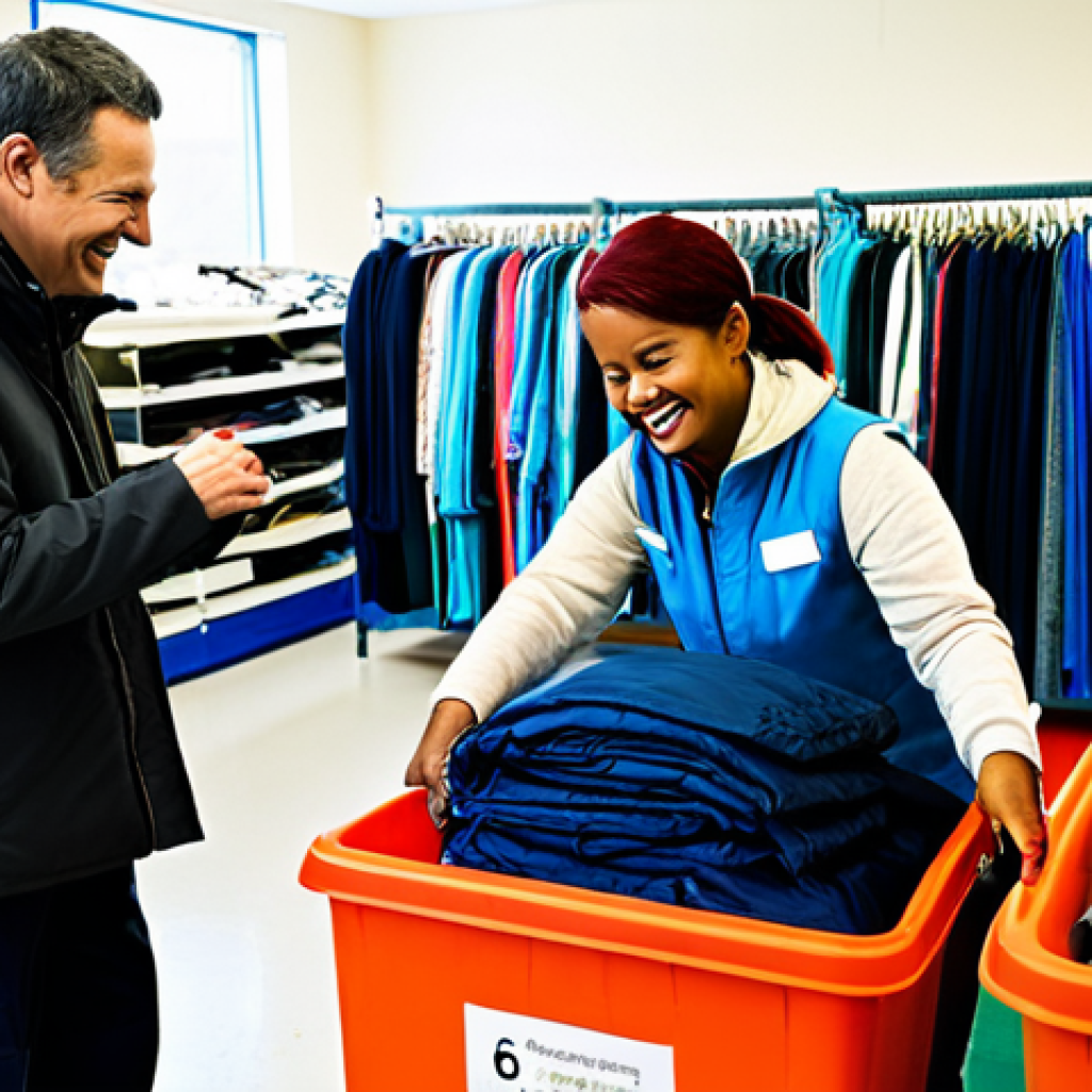 **
A diverse group of volunteers sorting donated clothing at a brightly lit local charity center. Bins are labeled "Winter Coats," "Professional Attire," and "Children's Clothes." People are smiling and working together. Background shows neatly organized shelves of clothing. fully clothed, appropriate attire, safe for work, perfect anatomy, natural proportions, professional, family-friendly.
**