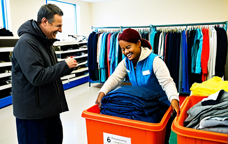 **

A diverse group of volunteers sorting donated clothing at a brightly lit local charity center. Bins are labeled "Winter Coats," "Professional Attire," and "Children's Clothes." People are smiling and working together. Background shows neatly organized shelves of clothing. fully clothed, appropriate attire, safe for work, perfect anatomy, natural proportions, professional, family-friendly.

**