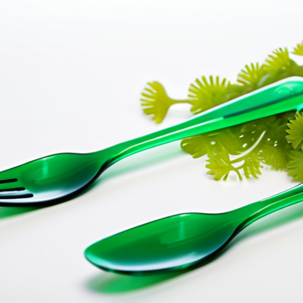 **Algae Plastic Innovation:** "Close-up shot of translucent green algae-based disposable cutlery (fork, spoon, knife) on a white background, showcasing its biodegradable nature, professional product photography, bright lighting, safe for work, appropriate content, fully clothed, professional, family-friendly, perfect anatomy, correct proportions, natural pose."