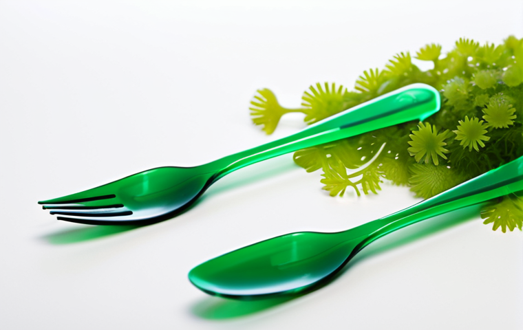 **Algae Plastic Innovation:** "Close-up shot of translucent green algae-based disposable cutlery (fork, spoon, knife) on a white background, showcasing its biodegradable nature, professional product photography, bright lighting, safe for work, appropriate content, fully clothed, professional, family-friendly, perfect anatomy, correct proportions, natural pose."