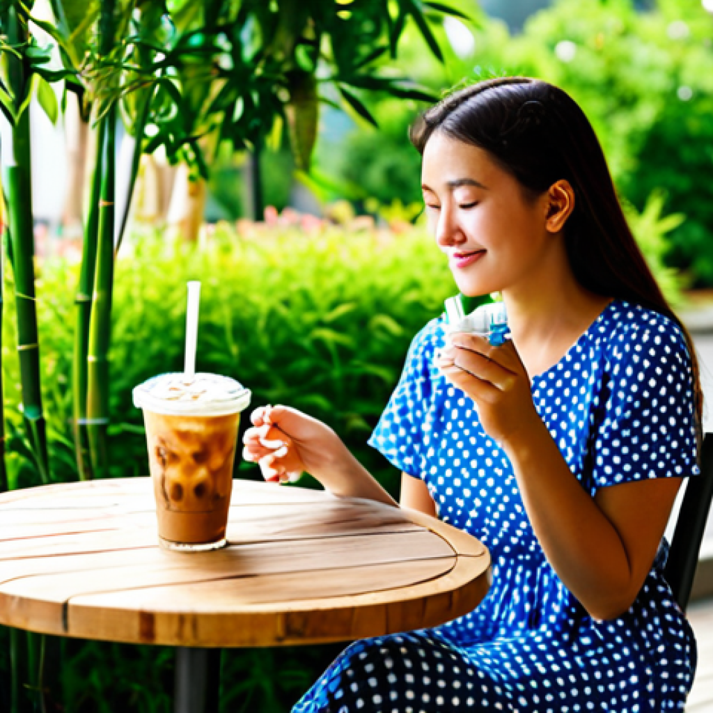 친환경 빨대 종류 및 비교 - Bamboo Straw Cafe Scene**
"A cozy outdoor cafe scene, sunny afternoon, a woman at a table enjoying ...