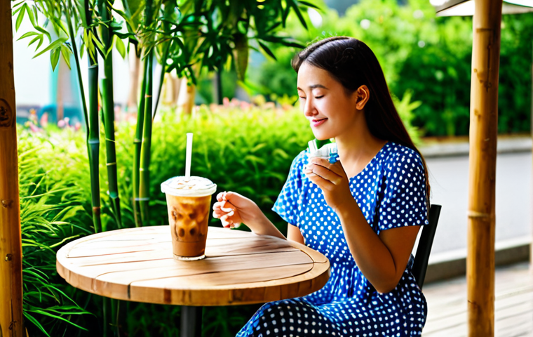 친환경 빨대 종류 및 비교 - Bamboo Straw Cafe Scene**

"A cozy outdoor cafe scene, sunny afternoon, a woman at a table enjoying ...