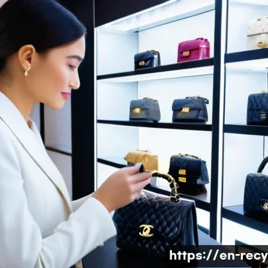 중고 명품 재판매 플랫폼 - A high-end luxury resale boutique scene showcasing expert authenticators examining a classic Chanel ...