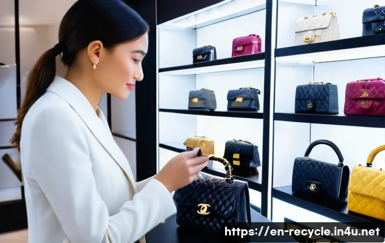 중고 명품 재판매 플랫폼 - A high-end luxury resale boutique scene showcasing expert authenticators examining a classic Chanel ...