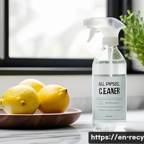 Home 32 천연 세제 DIY - A bright and cozy modern kitchen scene featuring a clear glass spray bottle labeled "All-Purpose Cle...