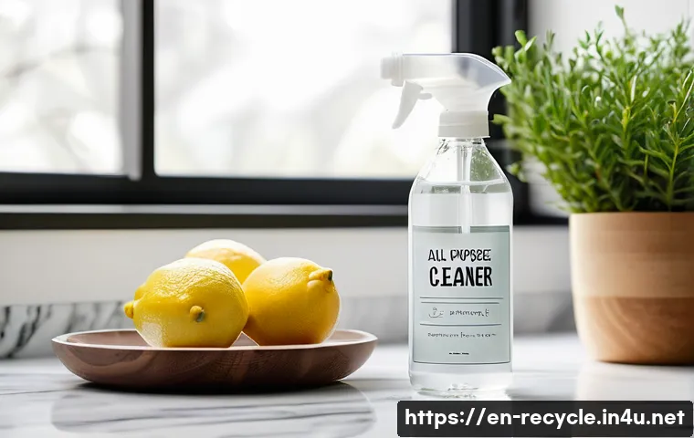천연 세제 DIY - A bright and cozy modern kitchen scene featuring a clear glass spray bottle labeled "All-Purpose Cle...