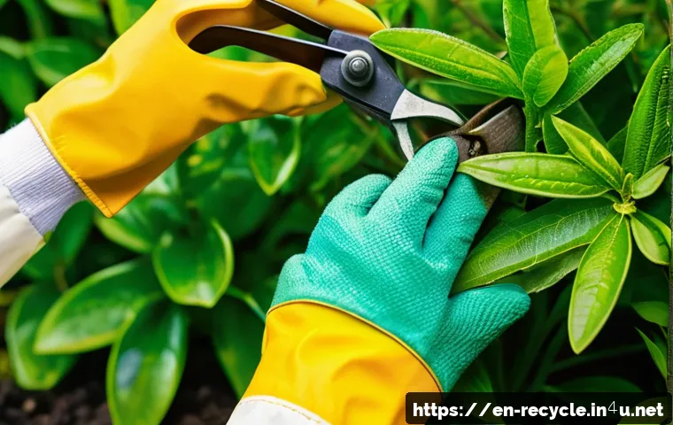 폐유 활용법 - A detailed close-up scene of a gardener applying filtered used motor oil sparingly with a soft cloth...
