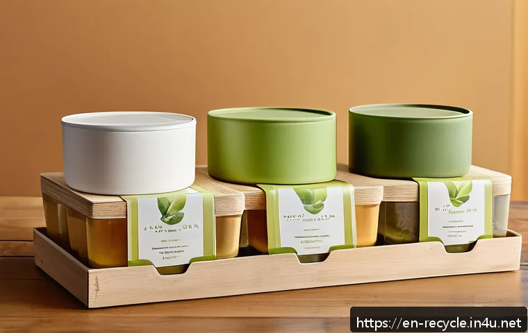 친환경 포장재 트렌드 - A modern, eco-friendly packaging display featuring various bioplastic containers made from corn star...