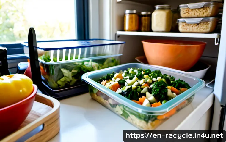 음식물 쓰레기 줄이는 팁 - Photorealistic bright home kitchen, an organized weekly meal-prep scene with reusable glass containe...