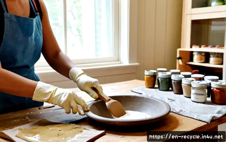 친환경 페인트 만들기 - Photorealistic DIY eco-friendly paint making scene in a bright American home workshop kitchen, adult...