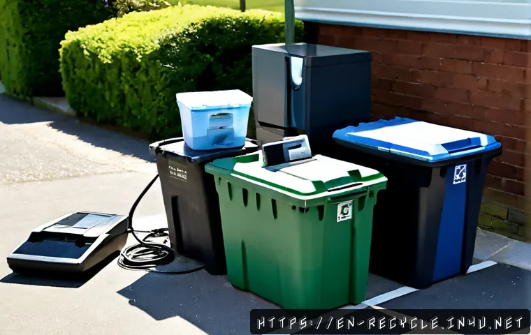 Home 17 전자제품 폐기물 분리배출 - Photorealistic suburban household recycling scene, an adult placing an old laptop, unplugged cables,...