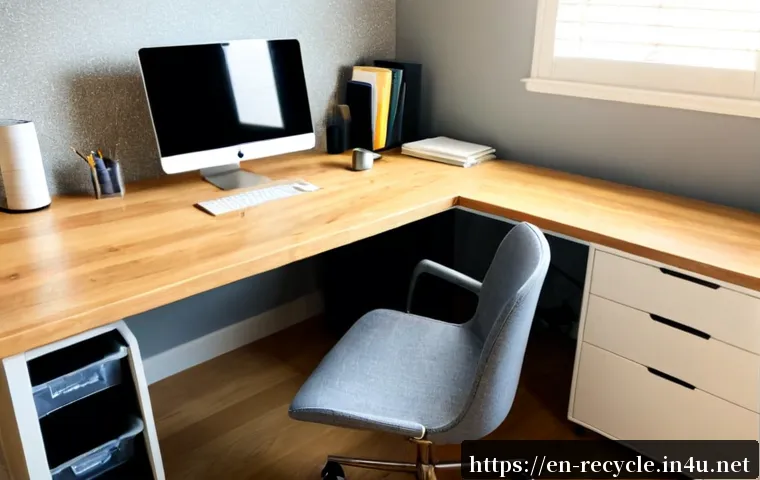 Home 17 재활용된 플라스틱의 새로운 용도 - Photorealistic bright modern home office featuring a sleek desk chair and minimalist storage bins ma...
